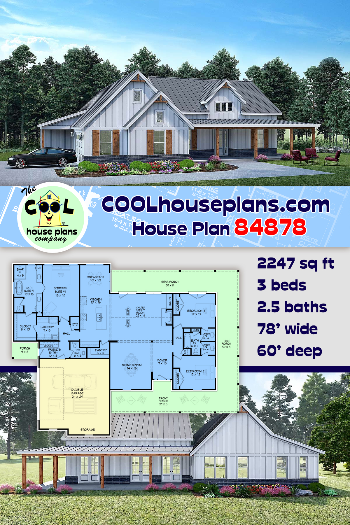 Country, Farmhouse, Ranch House Plan 84878 with 3 Beds, 3 Baths, 2 Car Garage