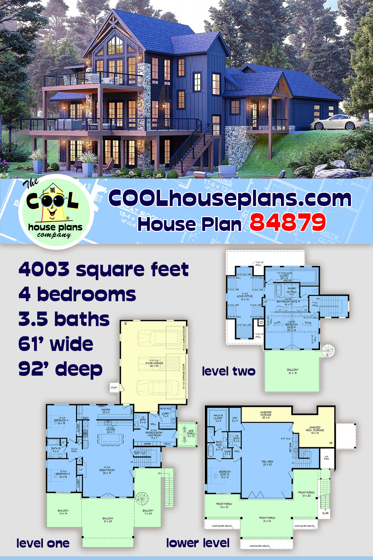 Contemporary, Country, Craftsman, New American House Plan 84879 with 4 Beds, 5 Baths, 3 Car Garage
