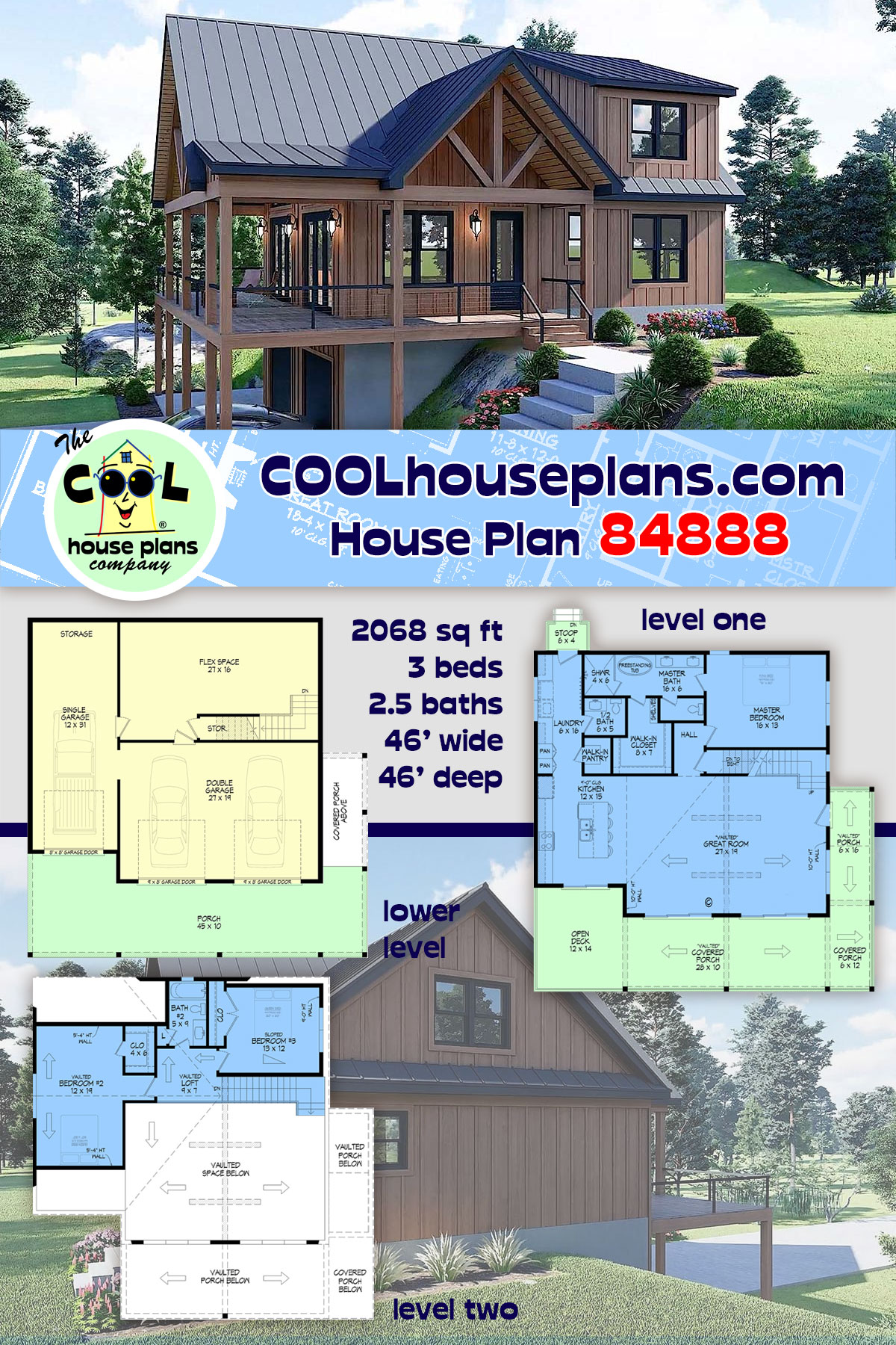 Contemporary, Country, New American, Prairie, Traditional House Plan 84888 with 3 Beds, 3 Baths, 3 Car Garage