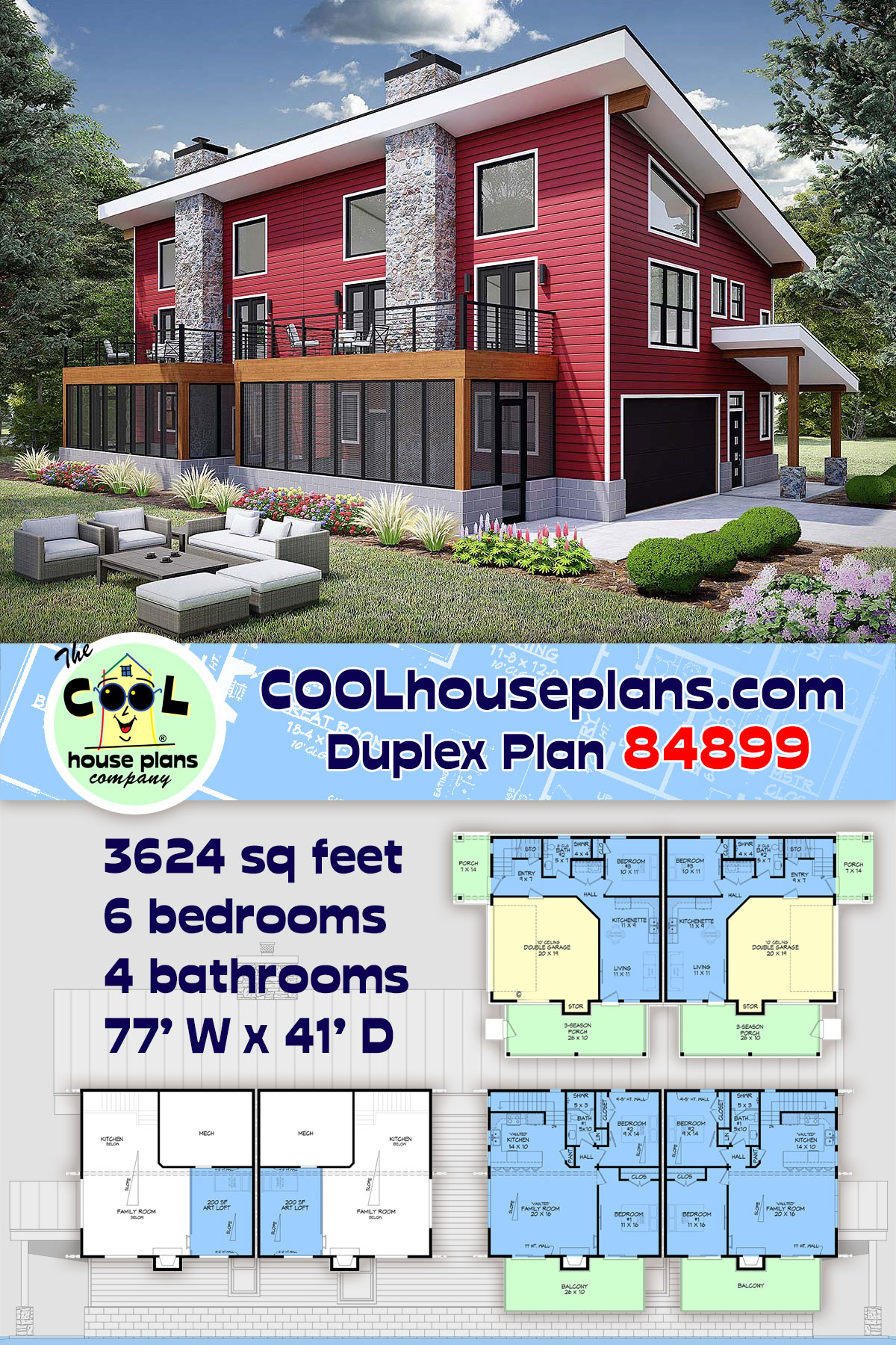 Contemporary, Modern Multi-Family Plan 84899 with 6 Beds, 4 Baths, 4 Car Garage