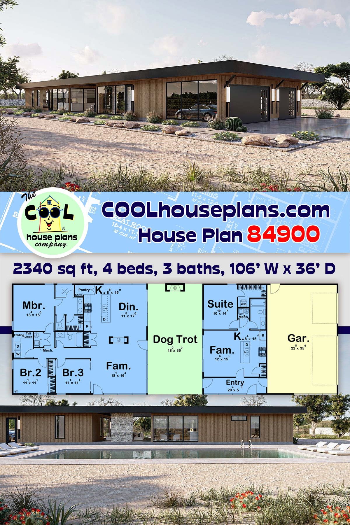 Modern House Plan 84900 with 4 Beds, 3 Baths, 3 Car Garage