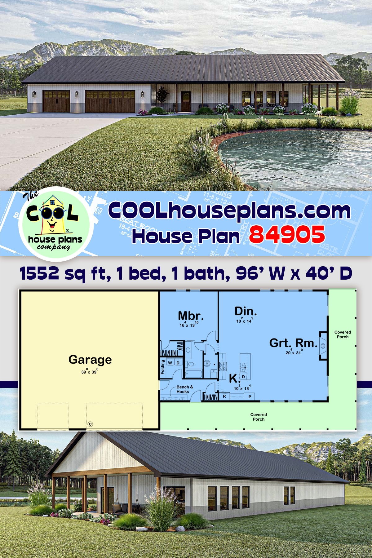 Barndominium House Plan 84905 with 1 Beds, 1 Baths, 3 Car Garage