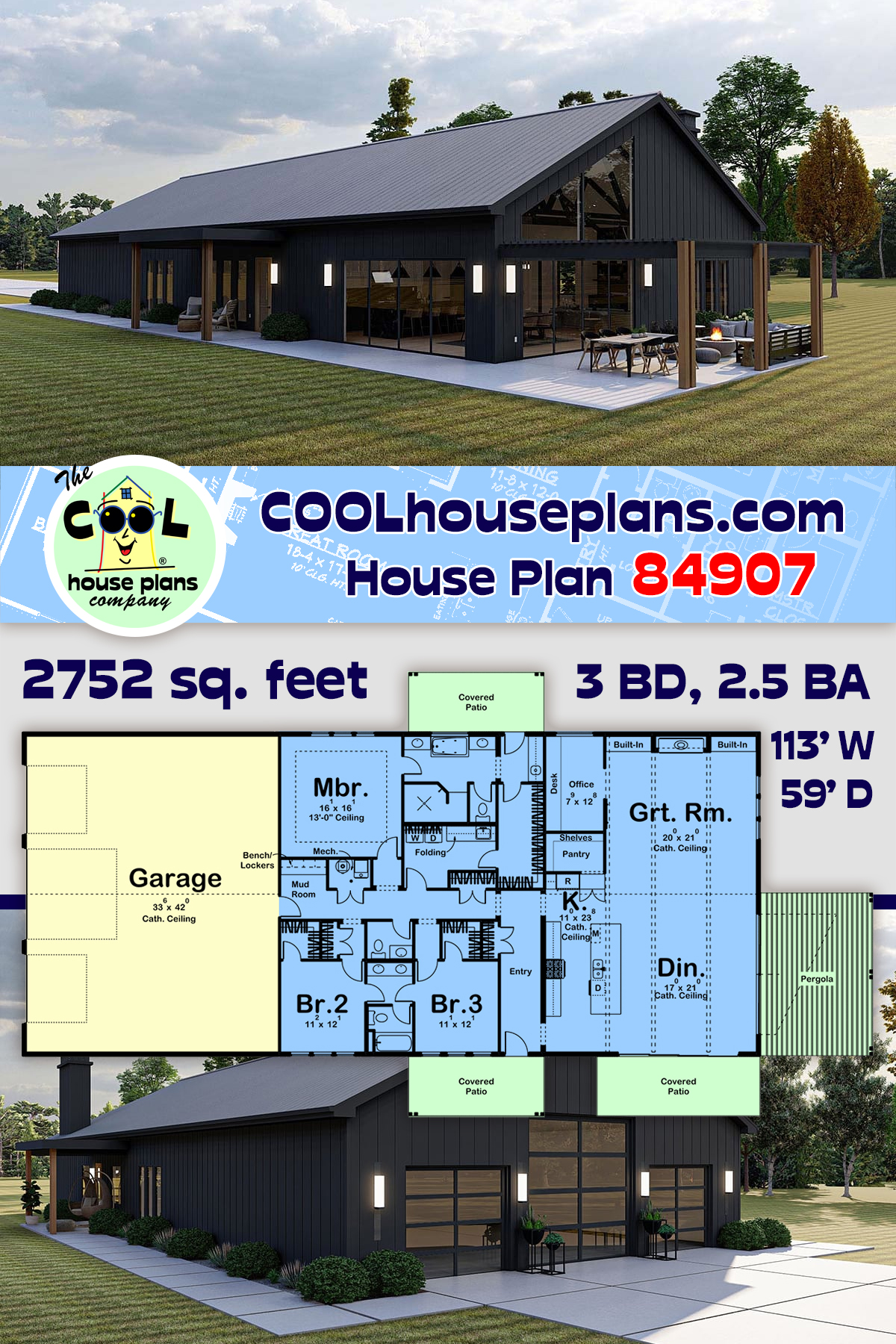 Barndominium, Country, Farmhouse House Plan 84907 with 3 Beds, 3 Baths, 3 Car Garage