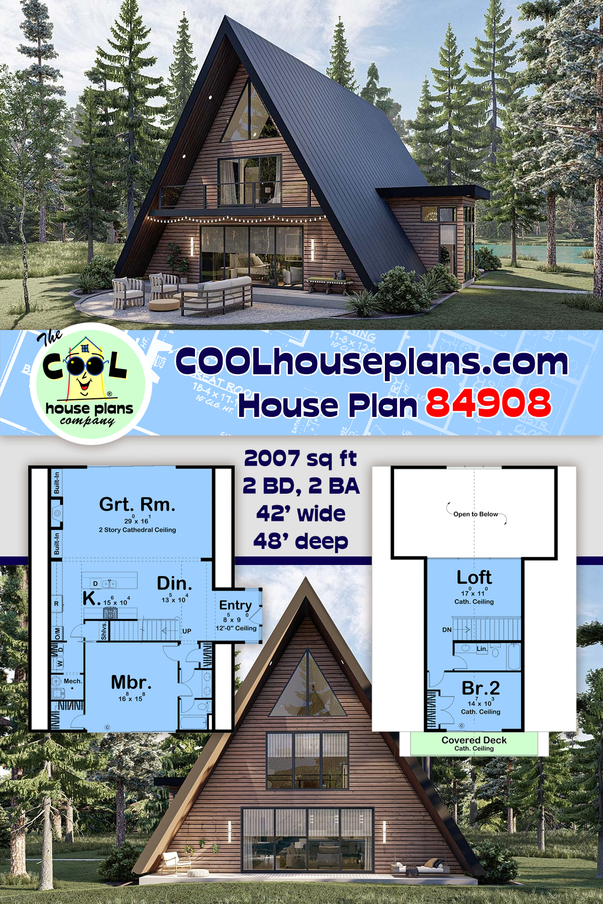 A-Frame, Cabin, Cottage House Plan 84908 with 2 Beds, 2 Baths