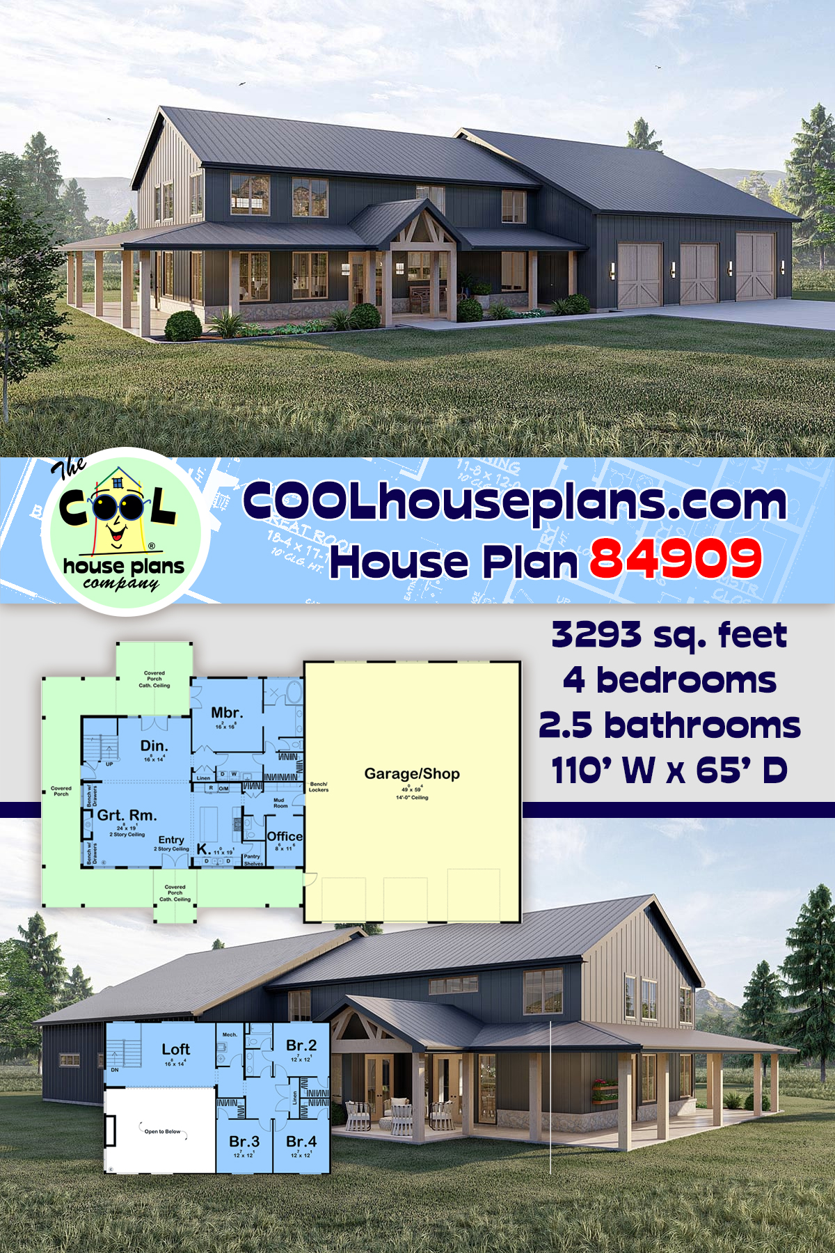 Barndominium, Country, Craftsman, Farmhouse House Plan 84909 with 4 Beds, 3 Baths, 3 Car Garage