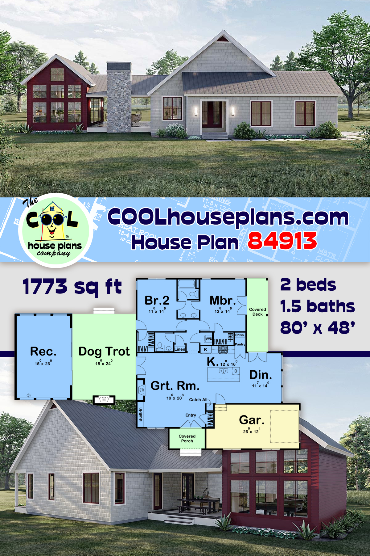 Coastal, Contemporary, Farmhouse, New American House Plan 84913 with 2 Beds, 3 Baths, 1 Car Garage