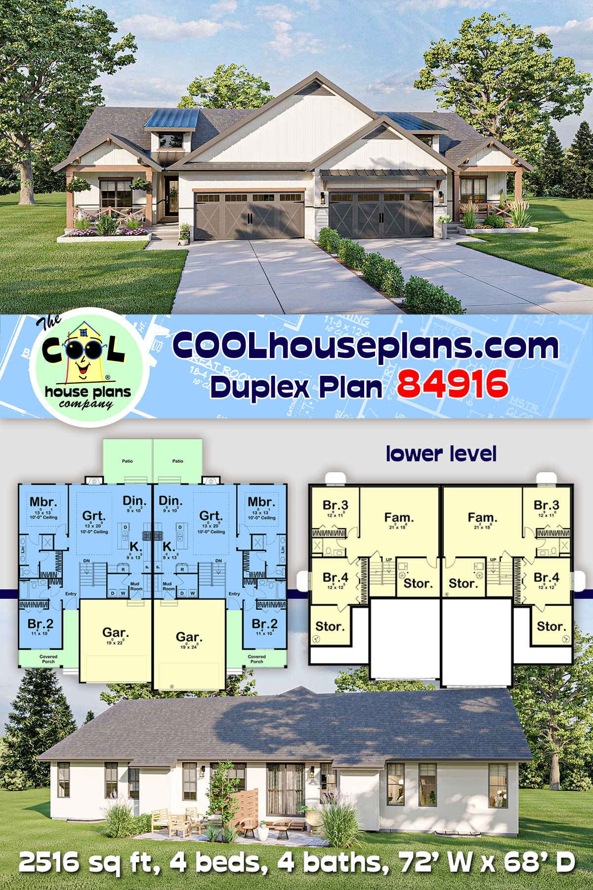 Country, Craftsman, Farmhouse, Traditional Multi-Family Plan 84916 with 4 Beds, 4 Baths, 4 Car Garage