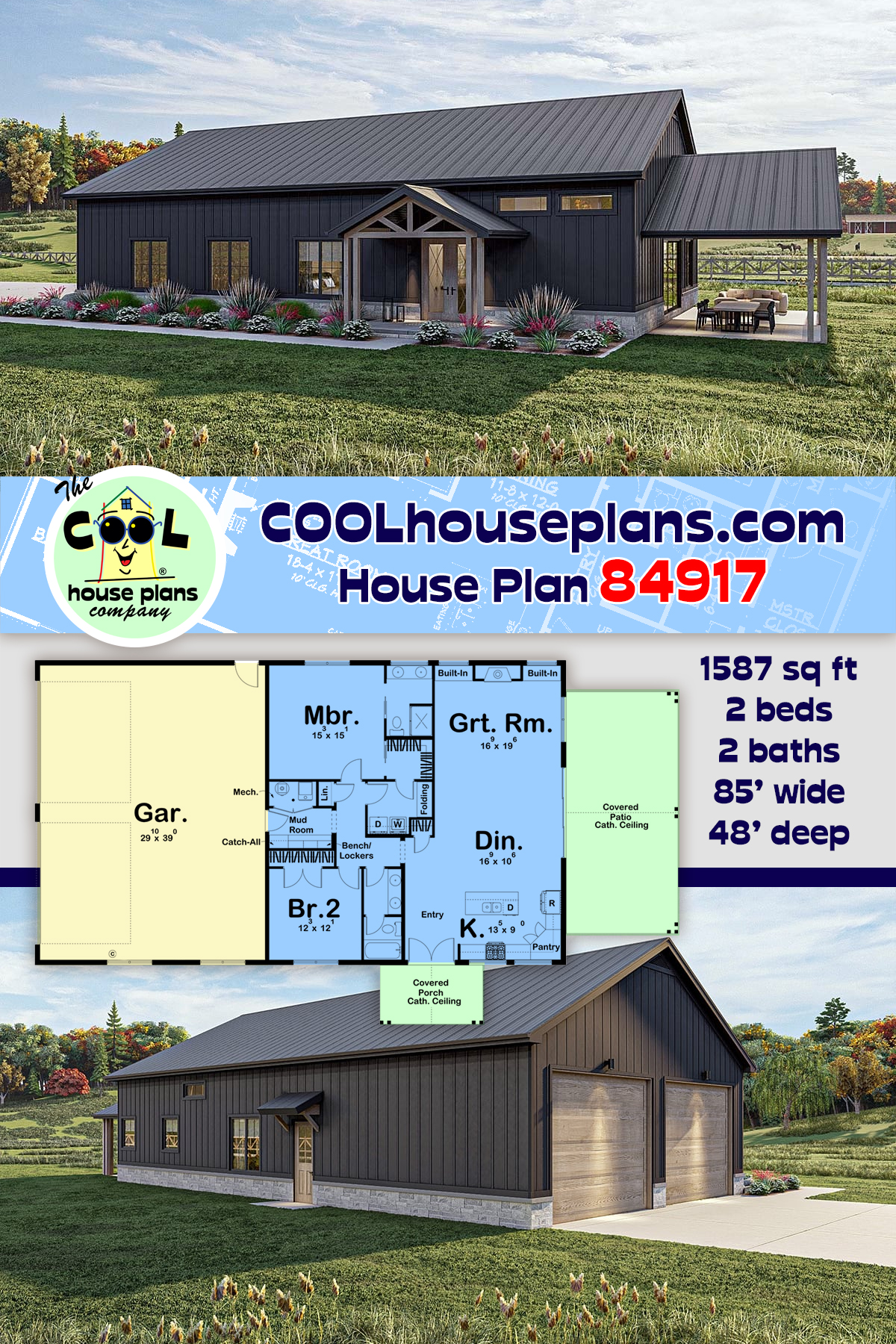 Barndominium, Country, Craftsman, Farmhouse, Southern House Plan 84917 with 2 Beds, 2 Baths, 2 Car Garage