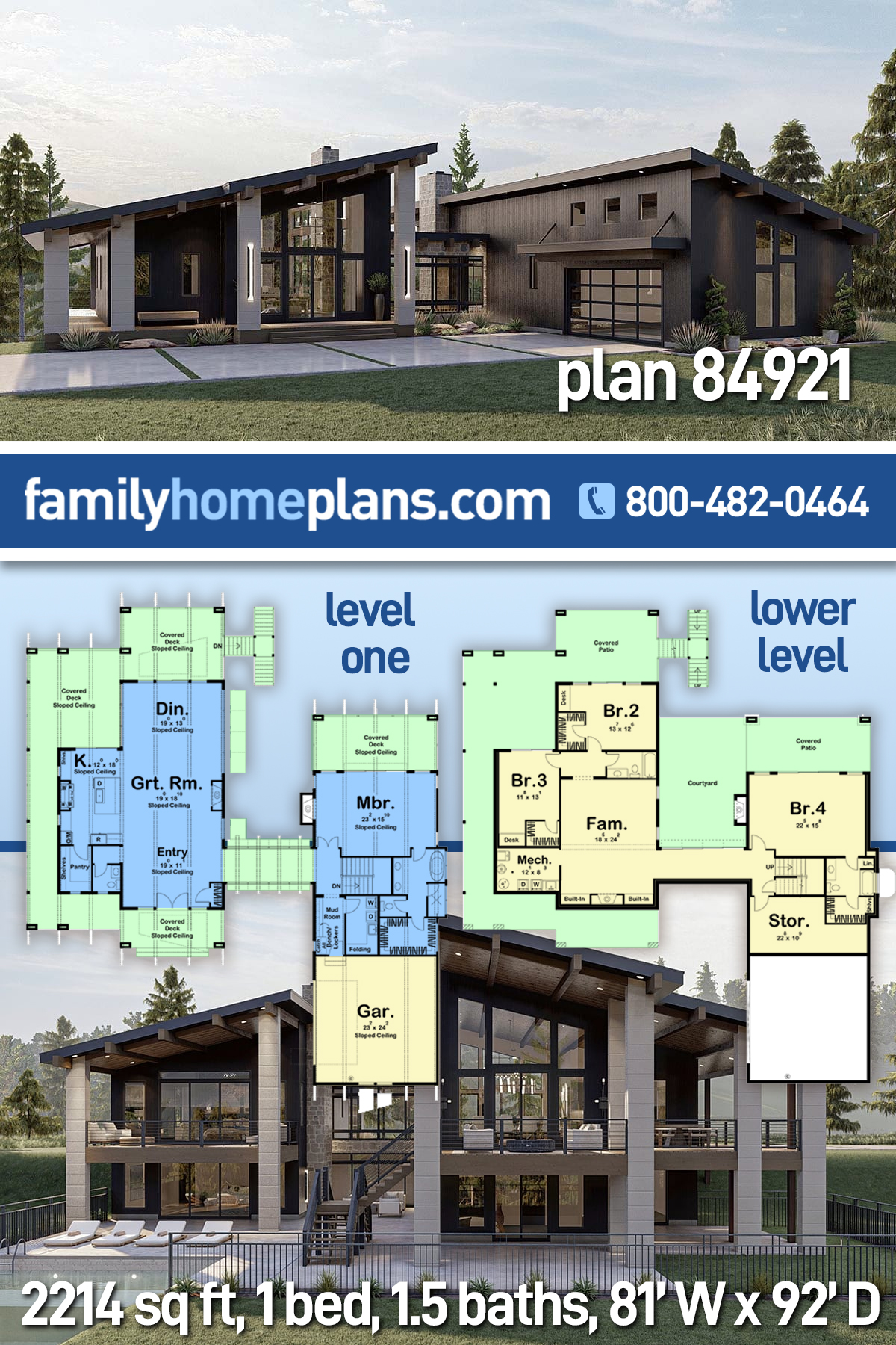 Coastal, Modern House Plan 84921 with 1 Beds, 2 Baths, 2 Car Garage