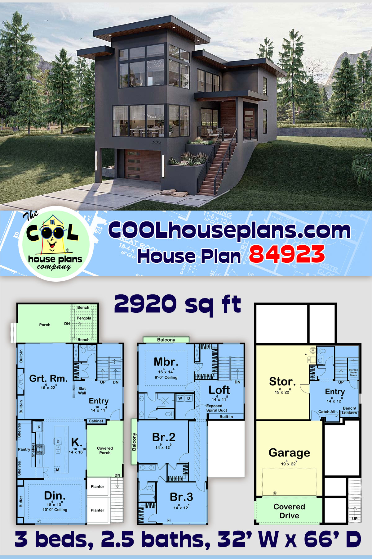Contemporary, Modern House Plan 84923 with 3 Beds, 4 Baths, 2 Car Garage