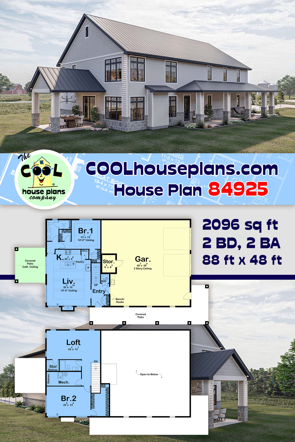 Barndominium, Country, Craftsman, Farmhouse, New American House Plan 84925 with 2 Beds, 2 Baths, 2 Car Garage