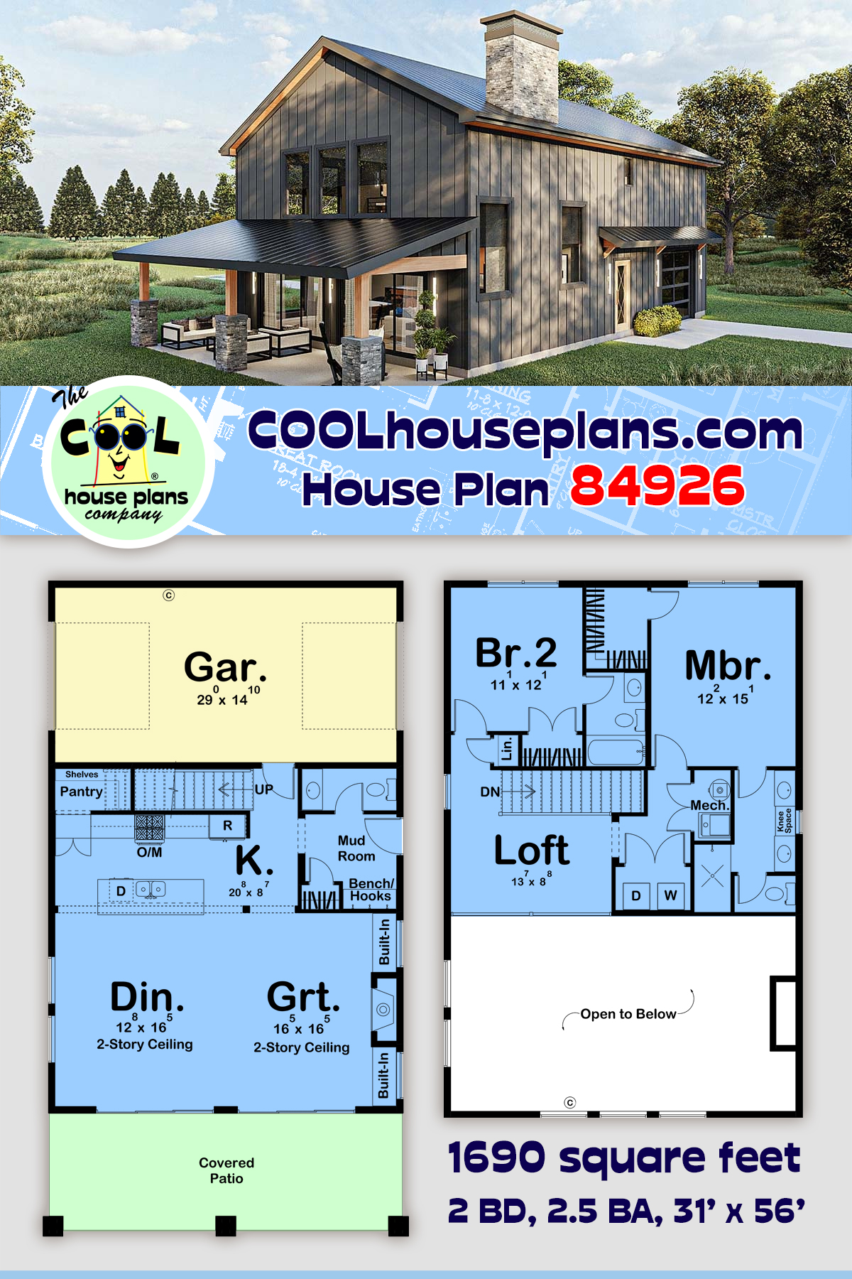 Barndominium, Country, Craftsman, Southern House Plan 84926 with 2 Beds, 3 Baths, 1 Car Garage