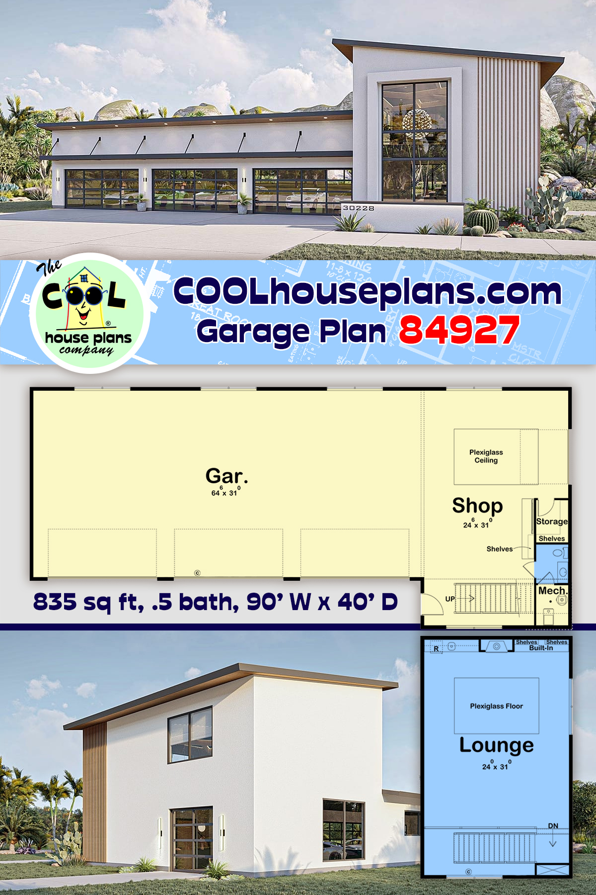 Contemporary, Modern Garage-Living Plan 84927, 7 Car Garage