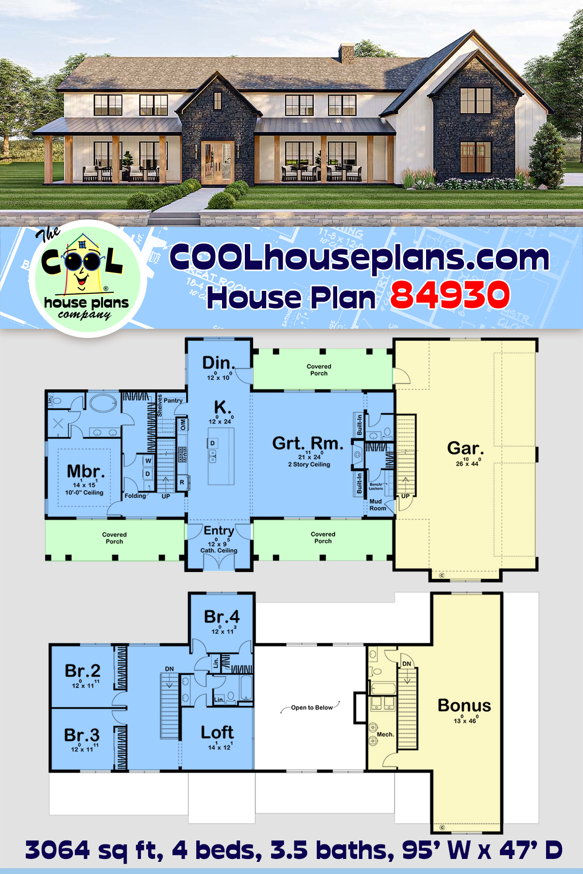 Barndominium, Country, Farmhouse House Plan 84930 with 4 Beds, 4 Baths, 4 Car Garage