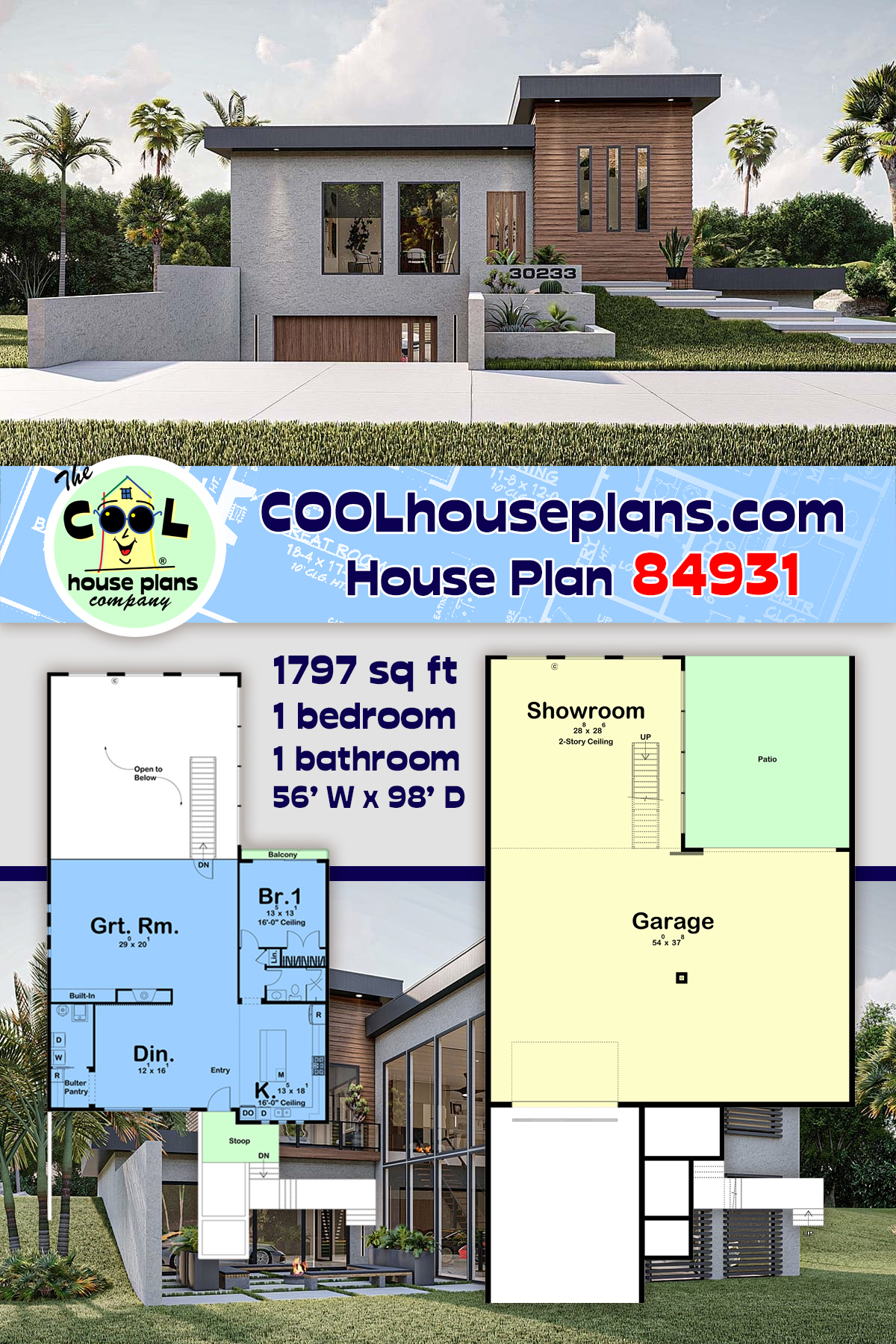 Contemporary, Modern Garage-Living Plan 84931 with 1 Beds, 1 Baths, 2 Car Garage