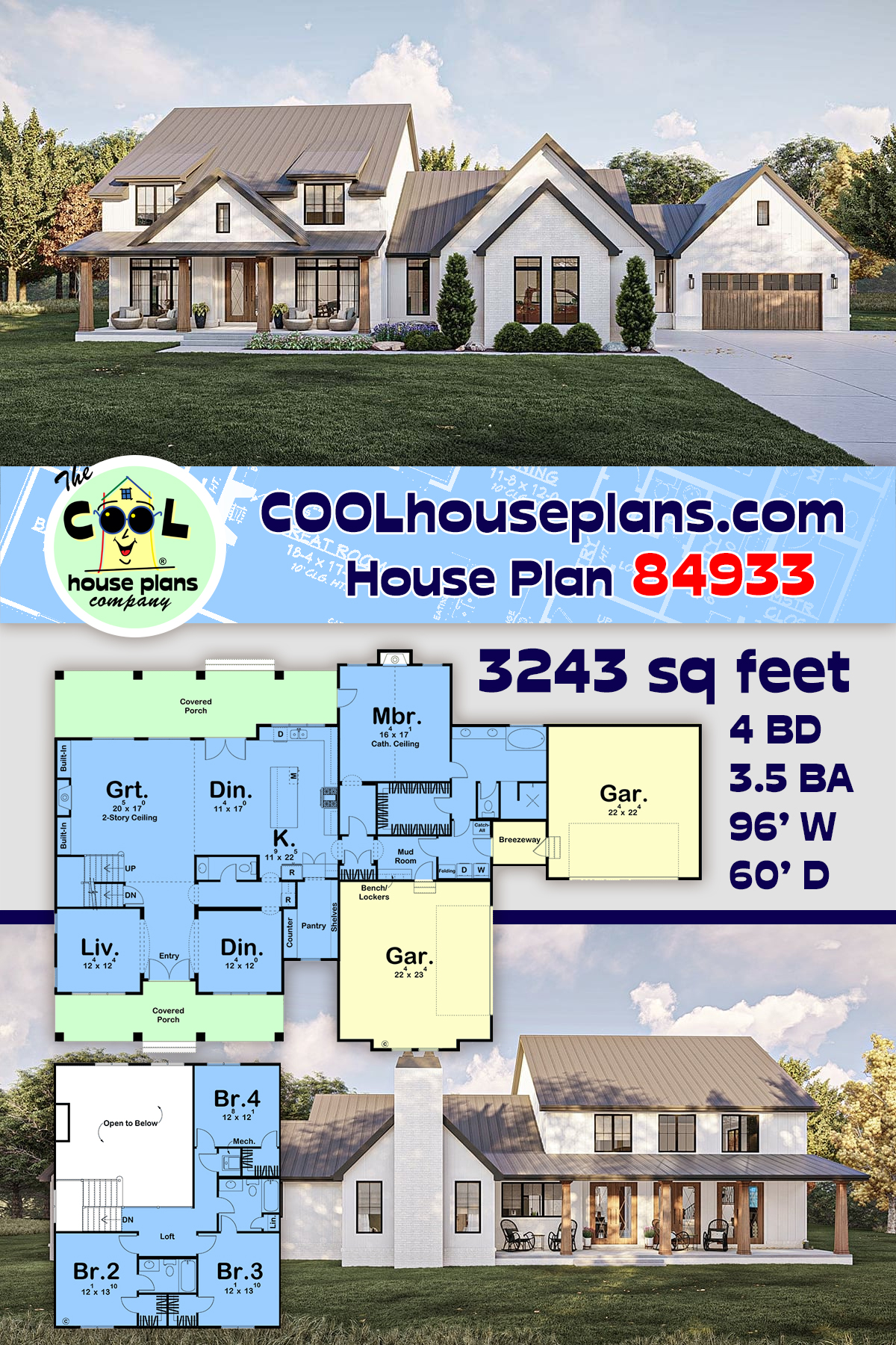 Contemporary, Country, Craftsman, Farmhouse, New American House Plan 84933 with 4 Beds, 4 Baths, 4 Car Garage