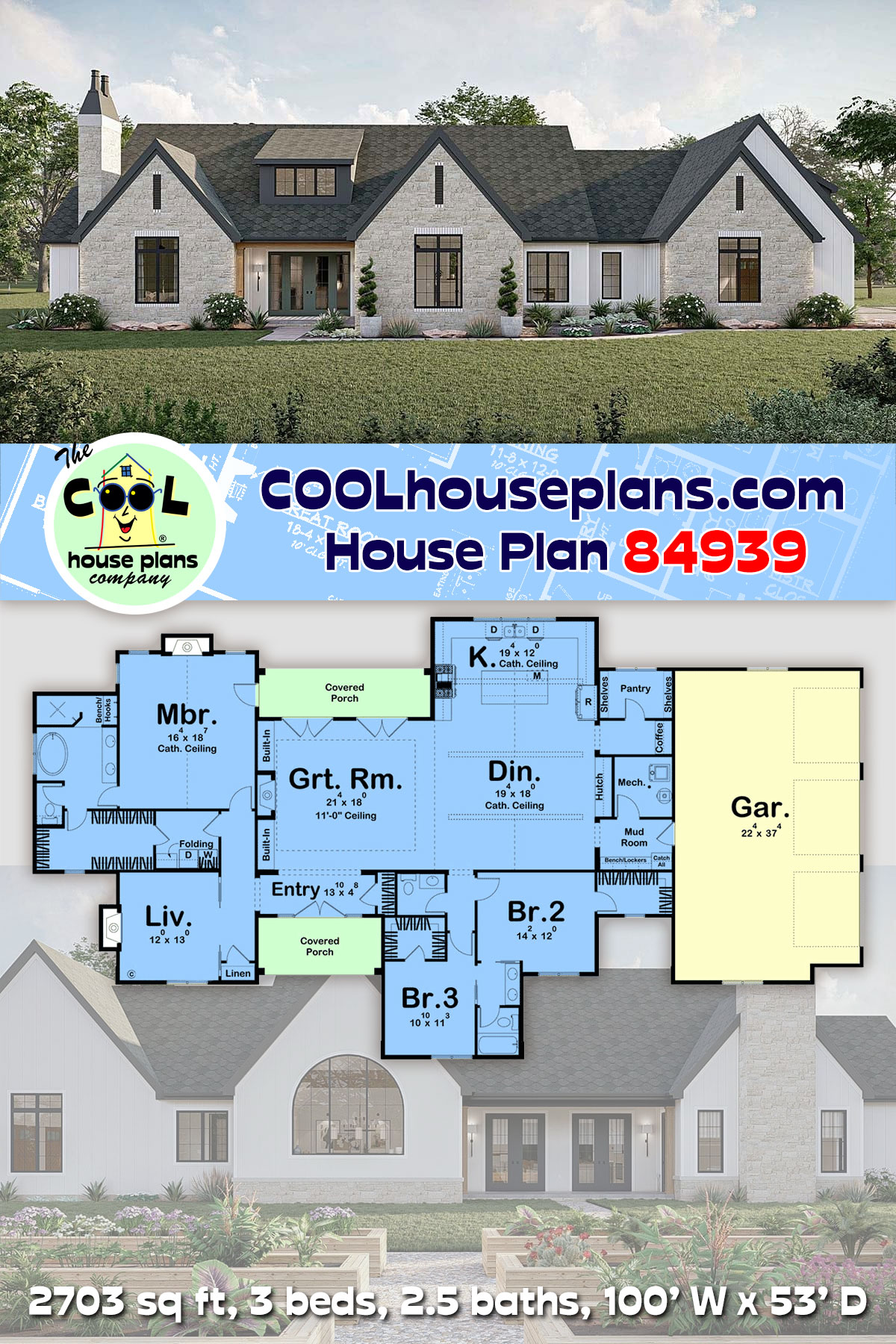 Contemporary, Cottage, Country, European House Plan 84939 with 3 Beds, 3 Baths, 3 Car Garage