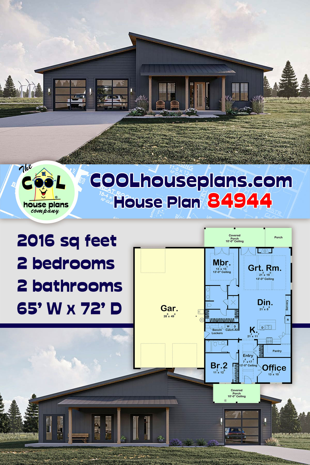 Contemporary, Modern House Plan 84944 with 2 Beds, 2 Baths, 3 Car Garage