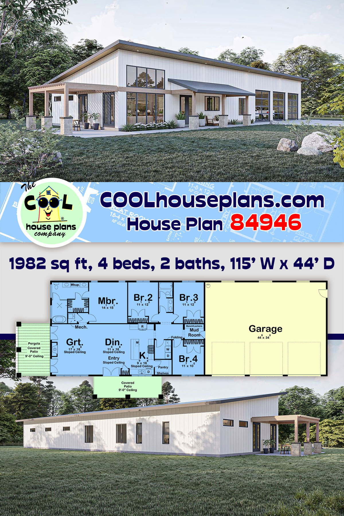 Contemporary, Modern House Plan 84946 with 4 Beds, 2 Baths, 3 Car Garage