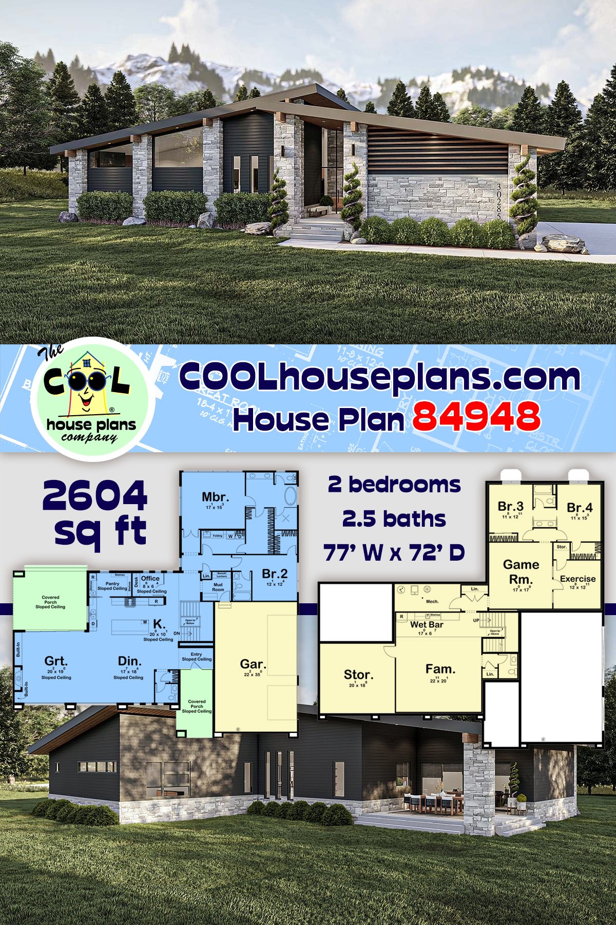 Contemporary, Modern House Plan 84948 with 2 Beds, 3 Baths, 3 Car Garage