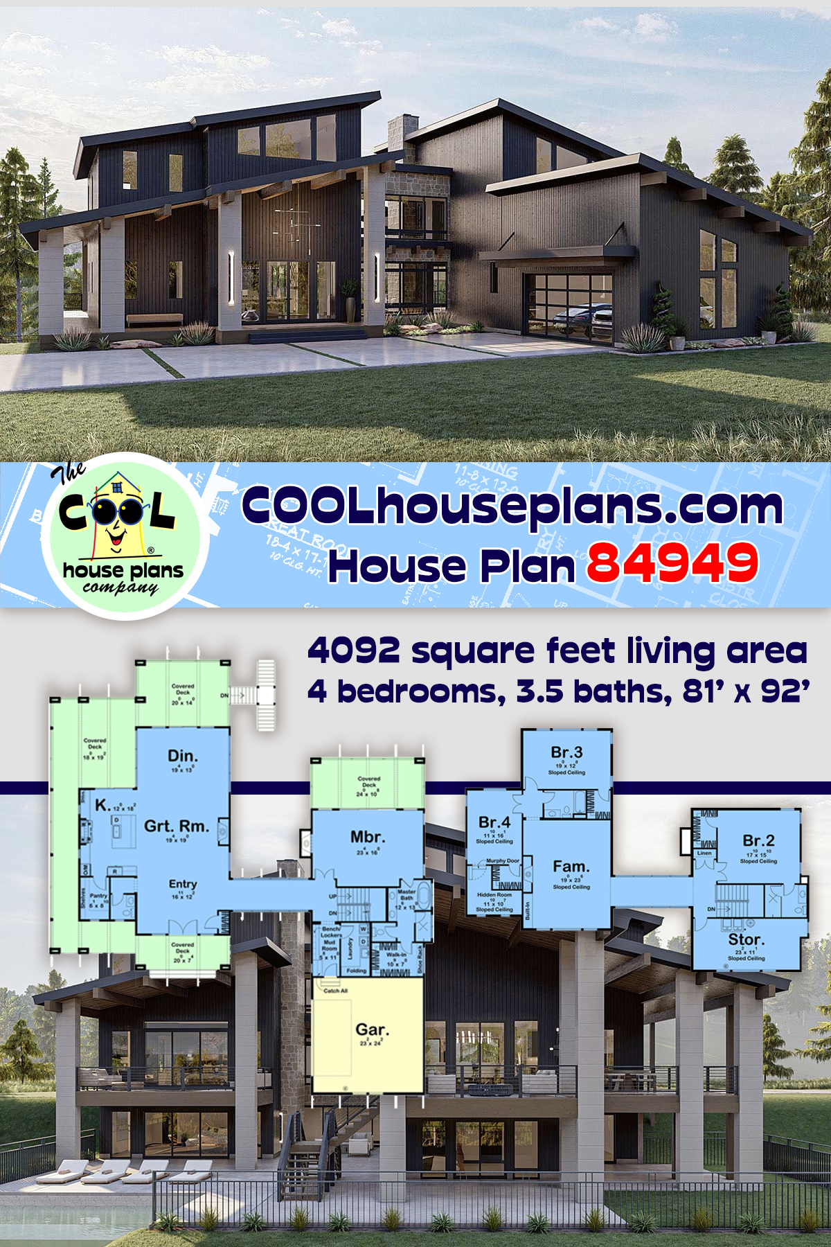 Contemporary, Modern House Plan 84949 with 4 Beds, 4 Baths, 2 Car Garage