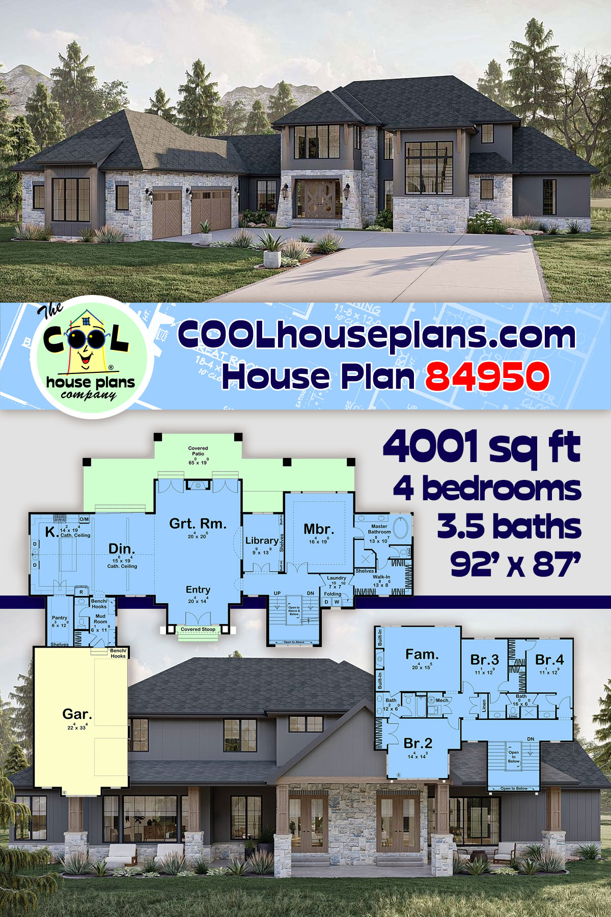 Contemporary, European, French Country House Plan 84950 with 4 Beds, 4 Baths, 3 Car Garage