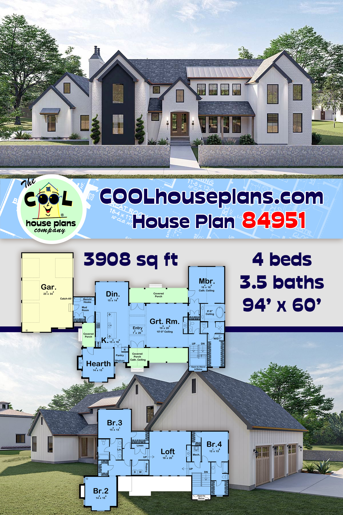 Contemporary, Cottage, Country, New American, Traditional House Plan 84951 with 4 Beds, 4 Baths, 3 Car Garage