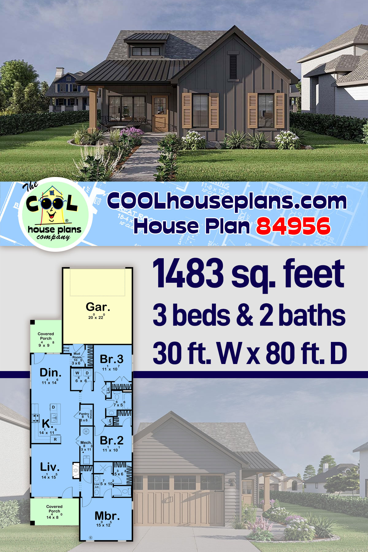 Country, Farmhouse, Traditional House Plan 84956 with 3 Beds, 2 Baths, 2 Car Garage