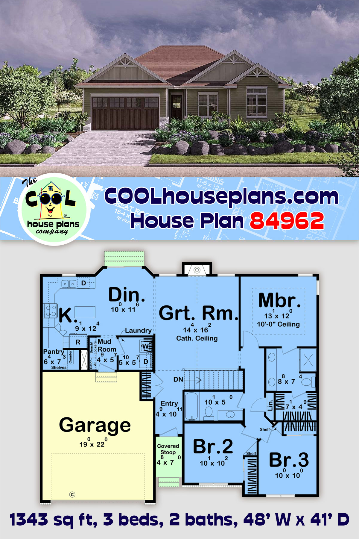 Craftsman, New American, Ranch, Traditional House Plan 84962 with 3 Beds, 2 Baths, 2 Car Garage