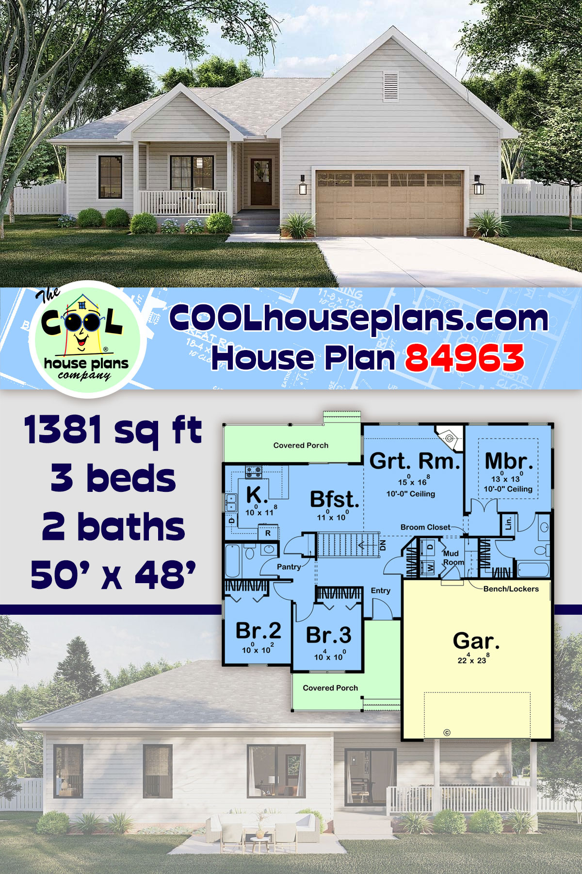 Country, Ranch, Traditional House Plan 84963 with 3 Beds, 2 Baths, 2 Car Garage