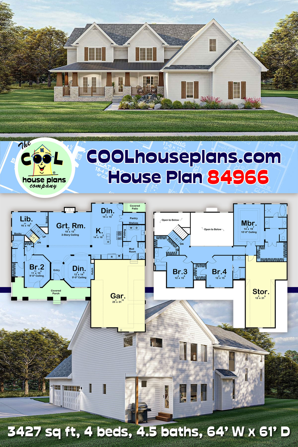 Country, Farmhouse, Traditional House Plan 84966 with 4 Beds, 5 Baths, 3 Car Garage