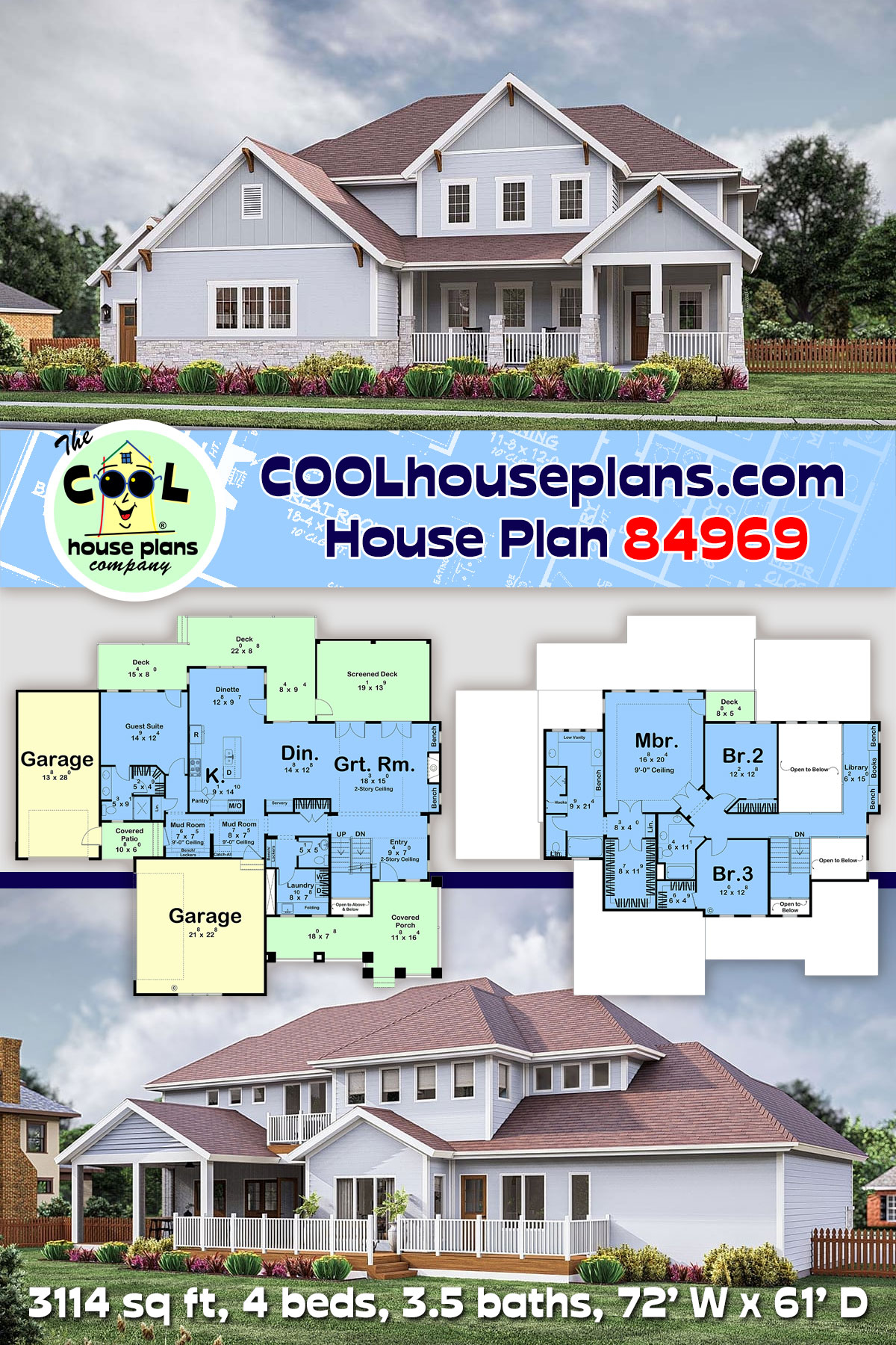 Craftsman, Traditional House Plan 84969 with 4 Beds, 4 Baths, 3 Car Garage