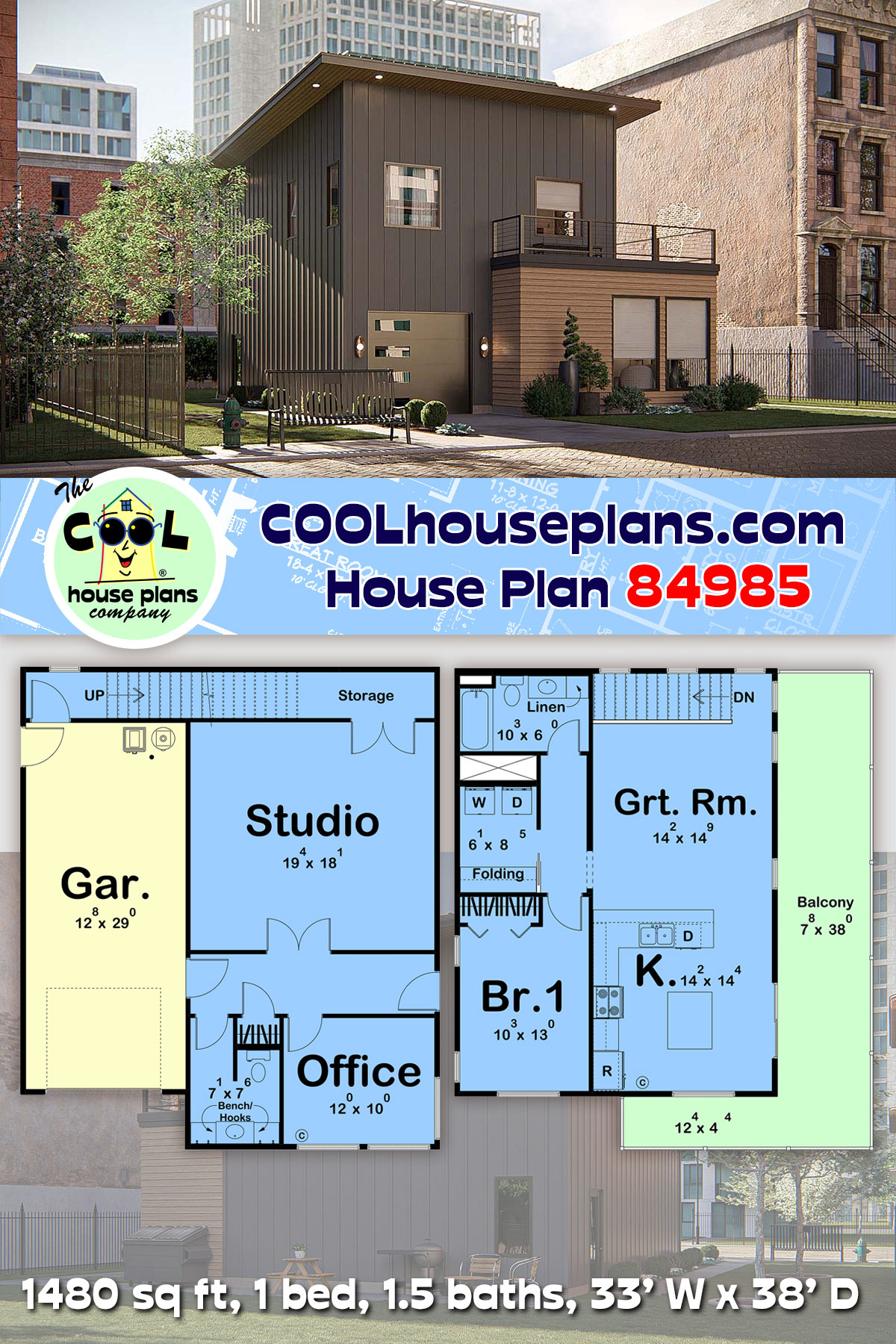 Contemporary, Modern 1 Car Garage Plan 84985 with 1 Beds, 2 Baths