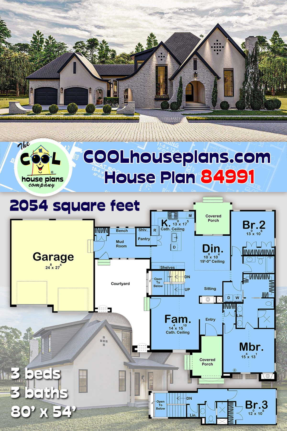 French Country House Plan 84991 with 3 Beds, 3 Baths, 2 Car Garage