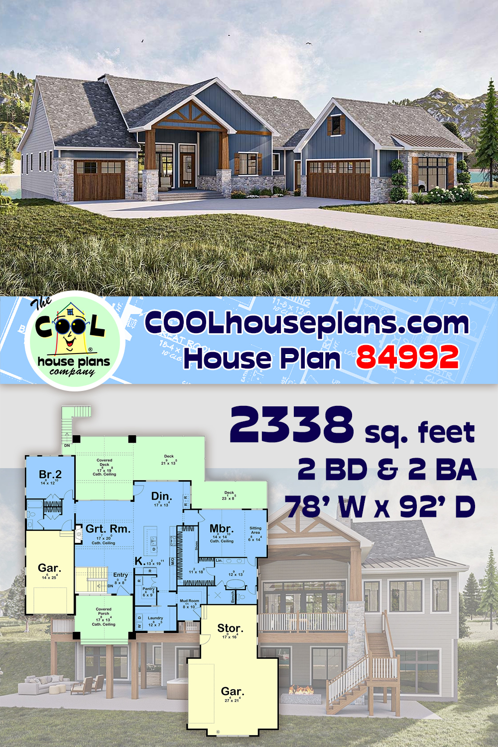 Coastal, Country, Craftsman House Plan 84992 with 2 Beds, 2 Baths, 3 Car Garage