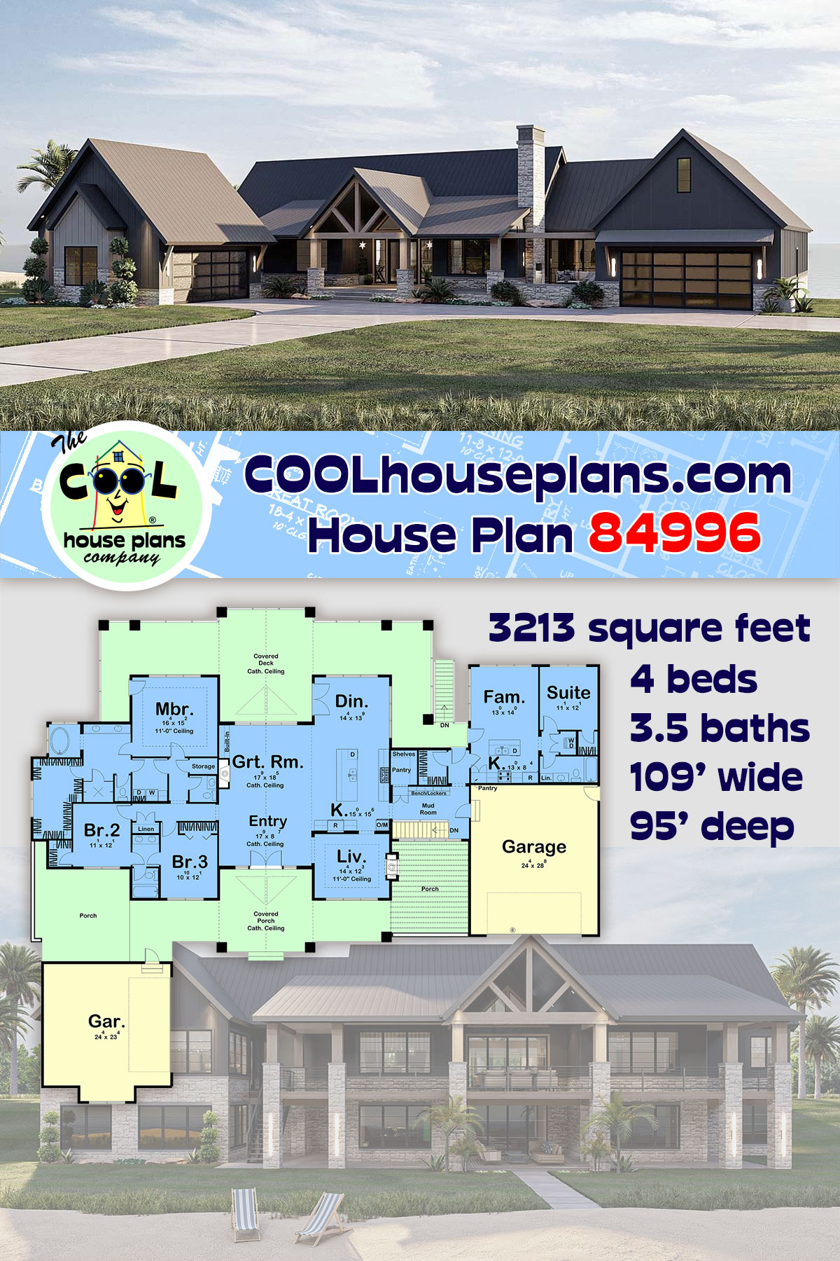 Country, Craftsman, Farmhouse House Plan 84996 with 4 Beds, 4 Baths, 4 Car Garage