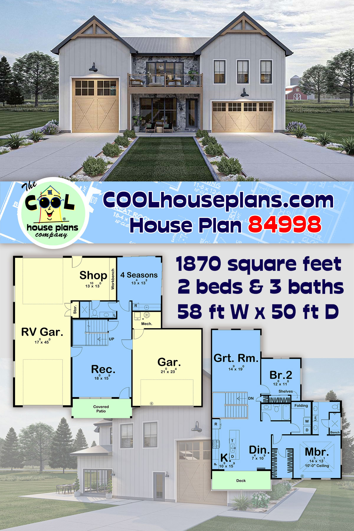 Barndominium, Contemporary, Farmhouse Garage-Living Plan 84998 with 2 Beds, 3 Baths, 3 Car Garage