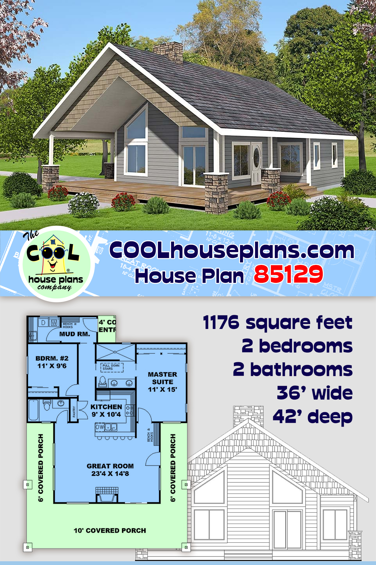 Cabin, Contemporary, Ranch House Plan 85129 with 2 Beds, 2 Baths