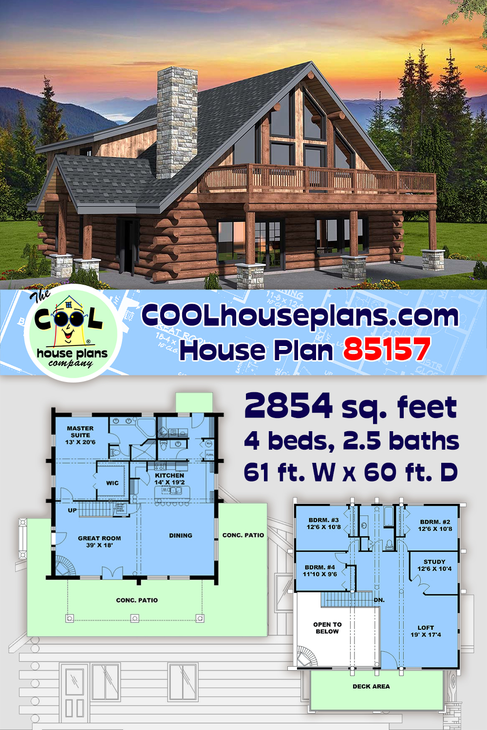 A-Frame, Cabin, Cottage, Log House Plan 85157 with 4 Beds, 3 Baths