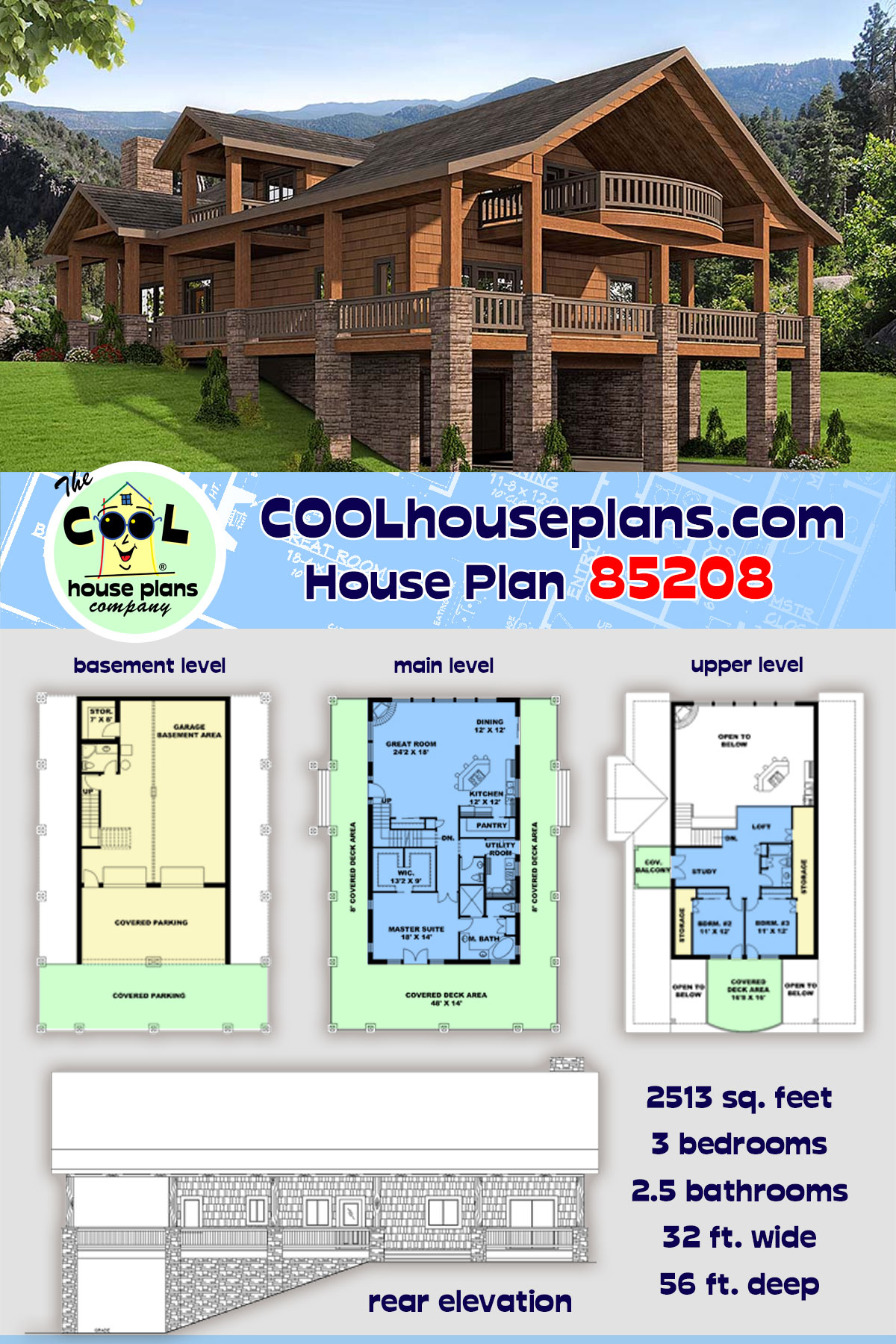 Craftsman House Plan 85208 with 3 Beds, 3 Baths, 2 Car Garage