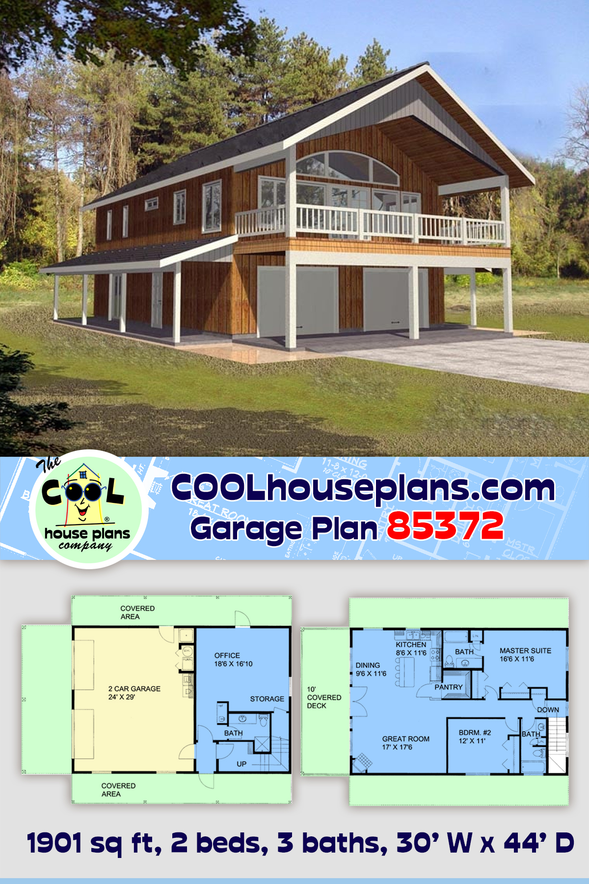 Contemporary, Farmhouse Garage-Living Plan 85372 with 2 Beds, 3 Baths, 2 Car Garage