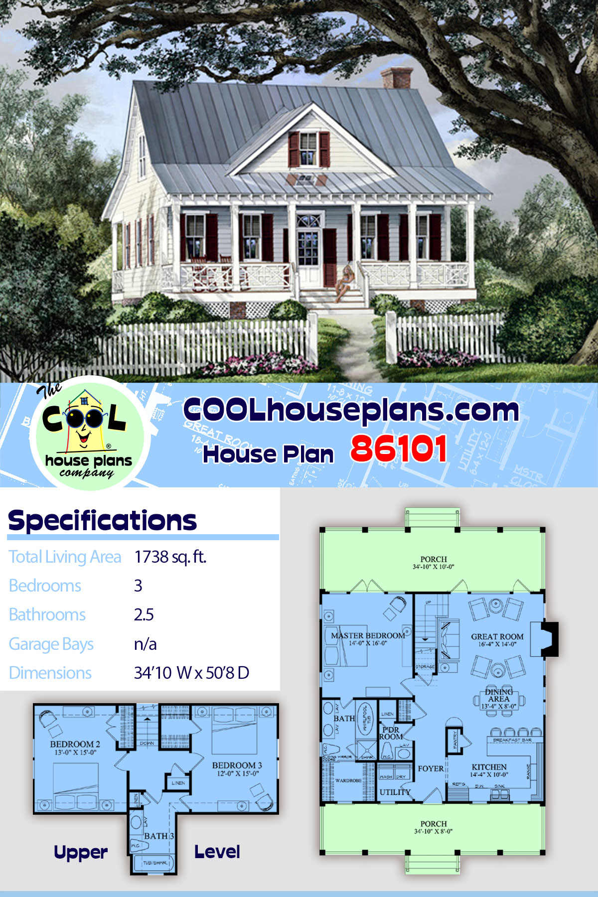 Cape Cod, Cottage, Country, Southern House Plan 86101 with 3 Beds, 3 Baths