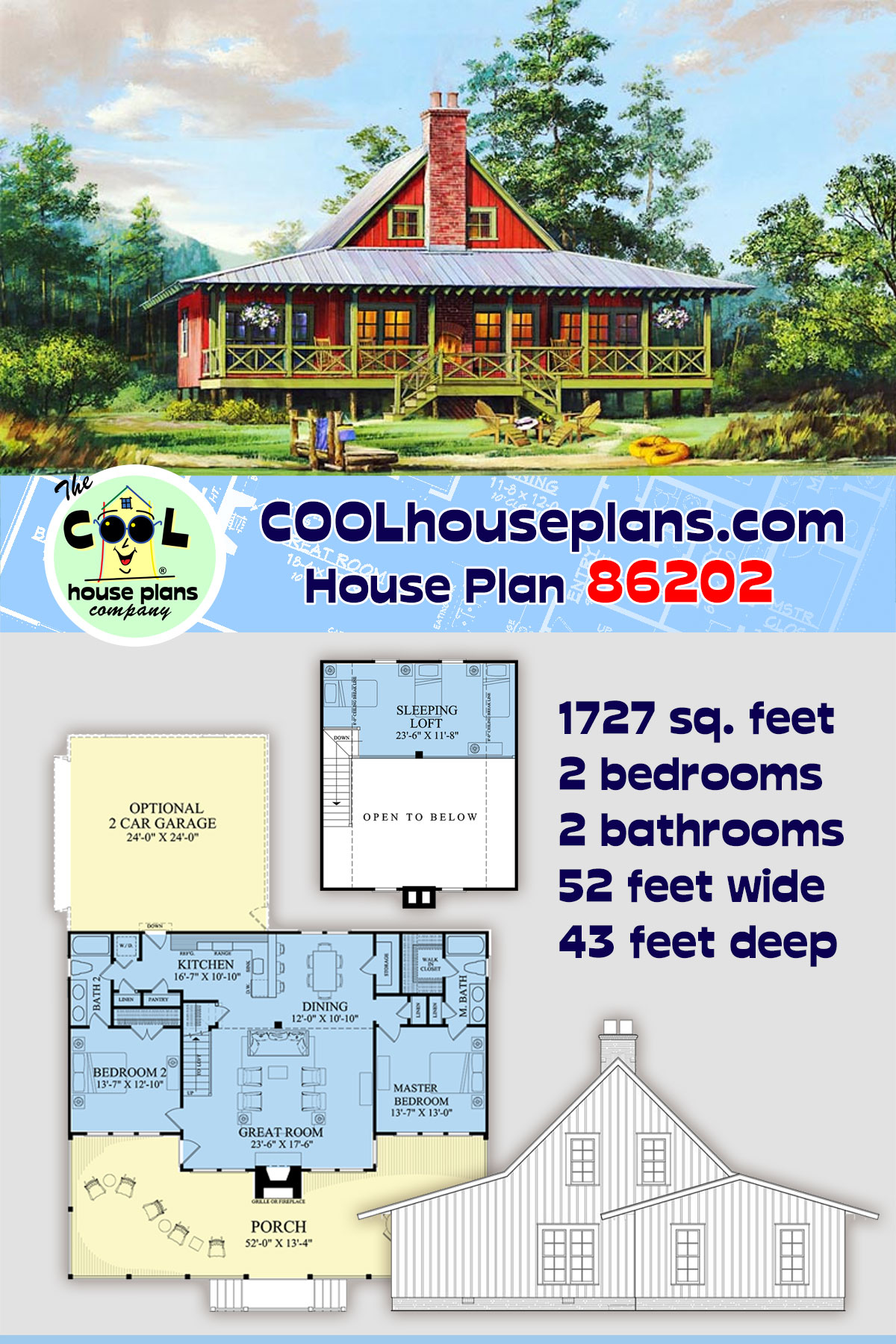 Cabin, Contemporary, Country, Southern House Plan 86202 with 2 Beds, 2 Baths, 2 Car Garage