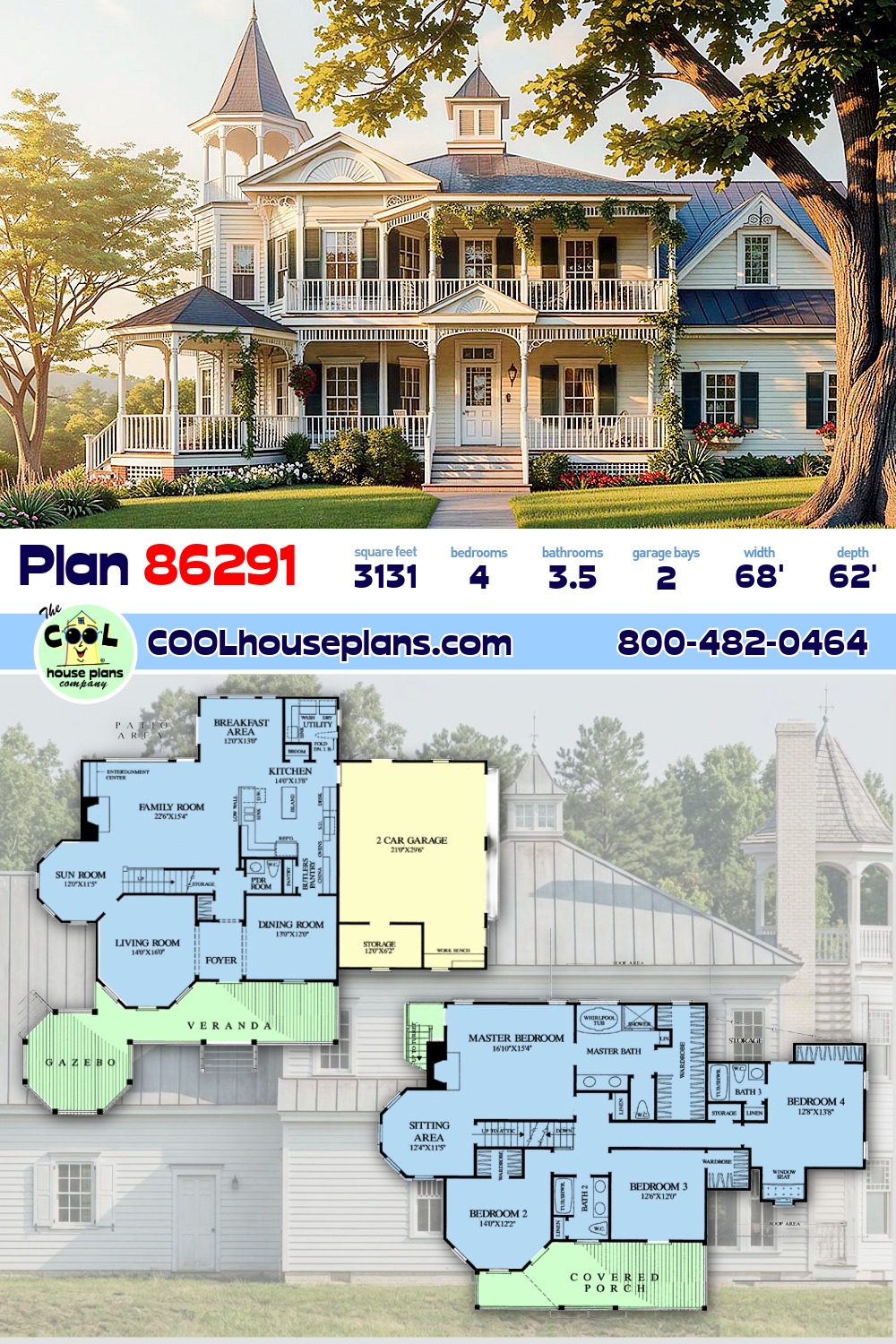 Farmhouse, Southern, Victorian House Plan 86291 with 4 Beds, 4 Baths, 2 Car Garage
