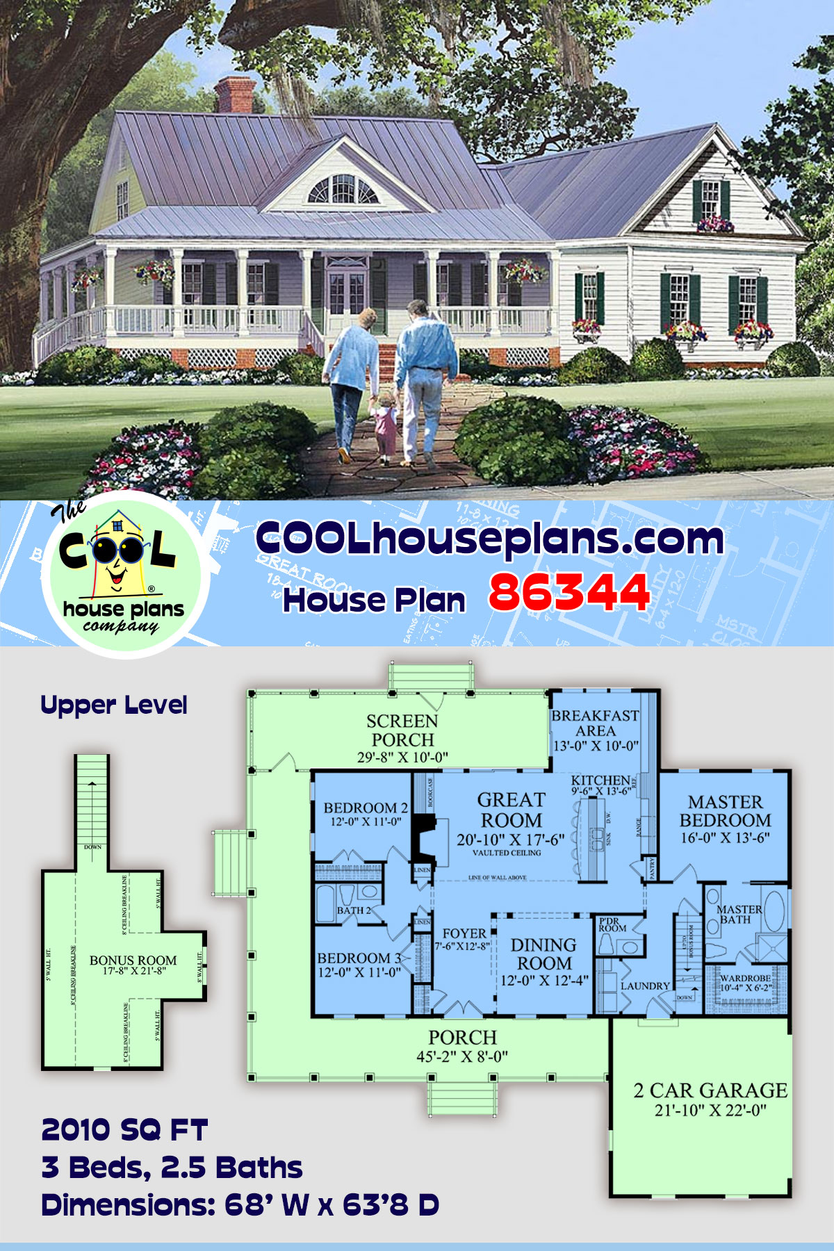 Country, Farmhouse, Southern House Plan 86344 with 3 Beds, 3 Baths, 2 Car Garage