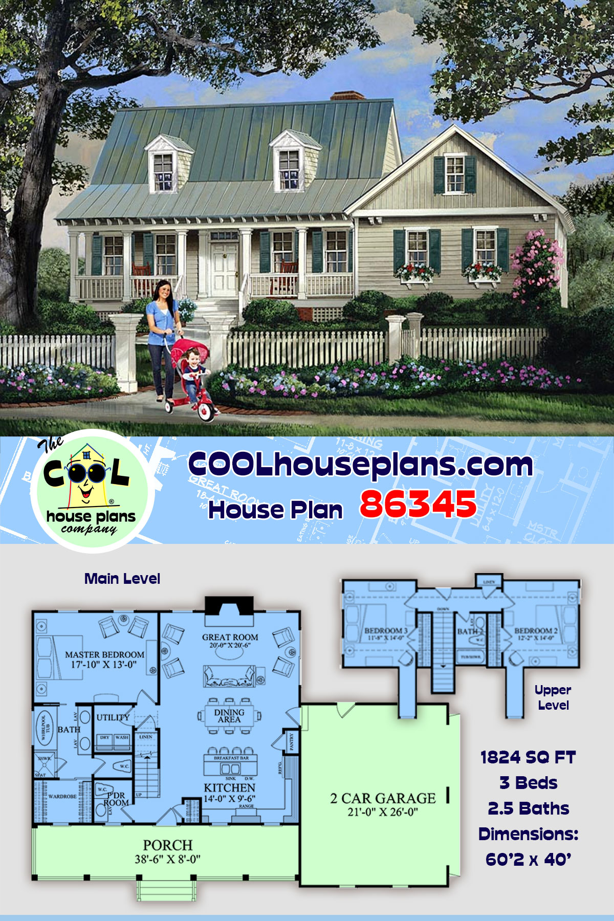 Cape Cod, Country, Southern House Plan 86345 with 3 Beds, 3 Baths, 2 Car Garage