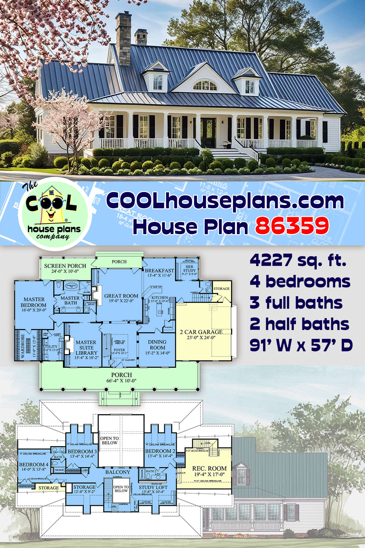 Colonial, Country, Southern House Plan 86359 with 4 Beds, 4 Baths, 2 Car Garage