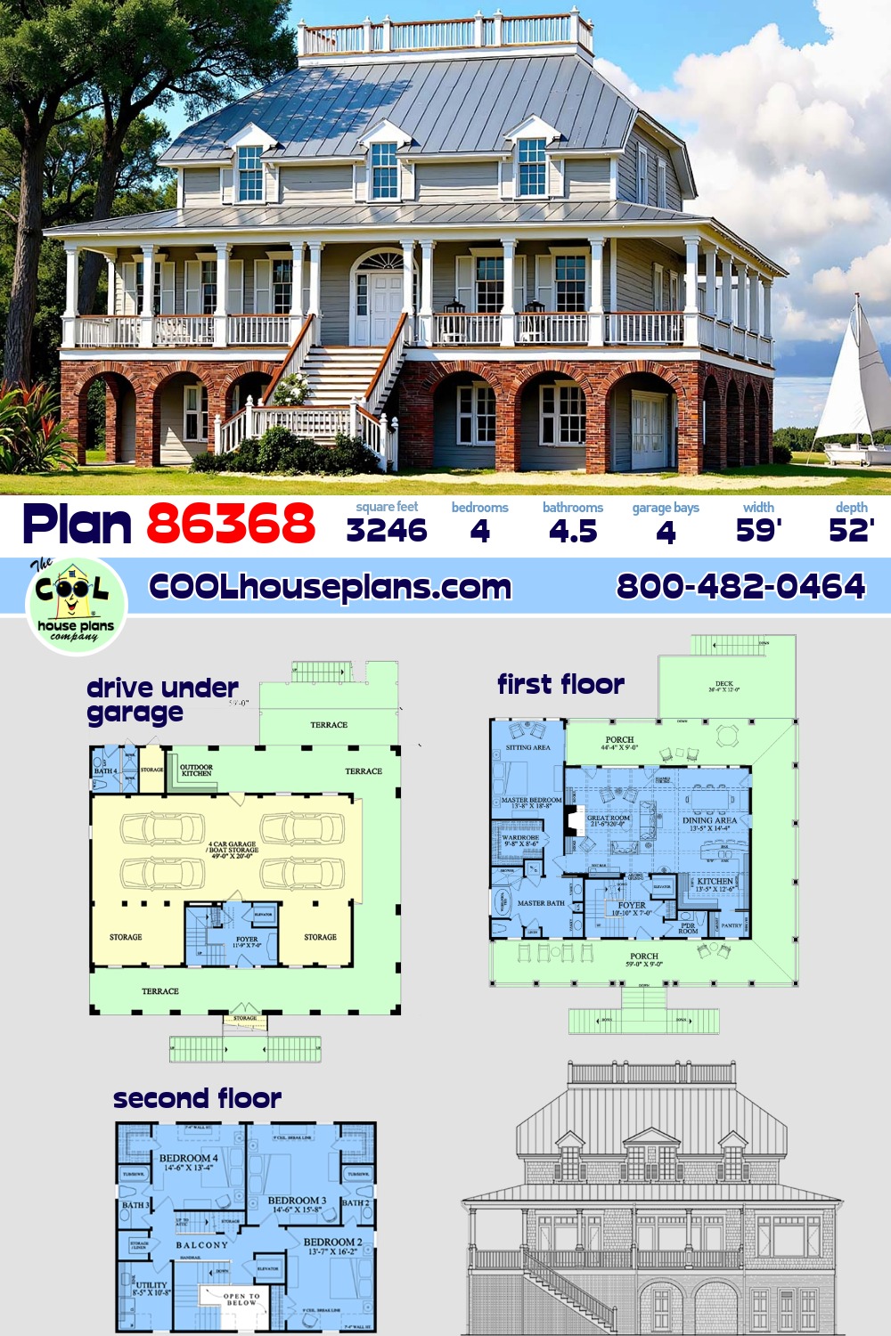 Coastal, Plantation, Southern House Plan 86368 with 4 Beds, 5 Baths, 4 Car Garage