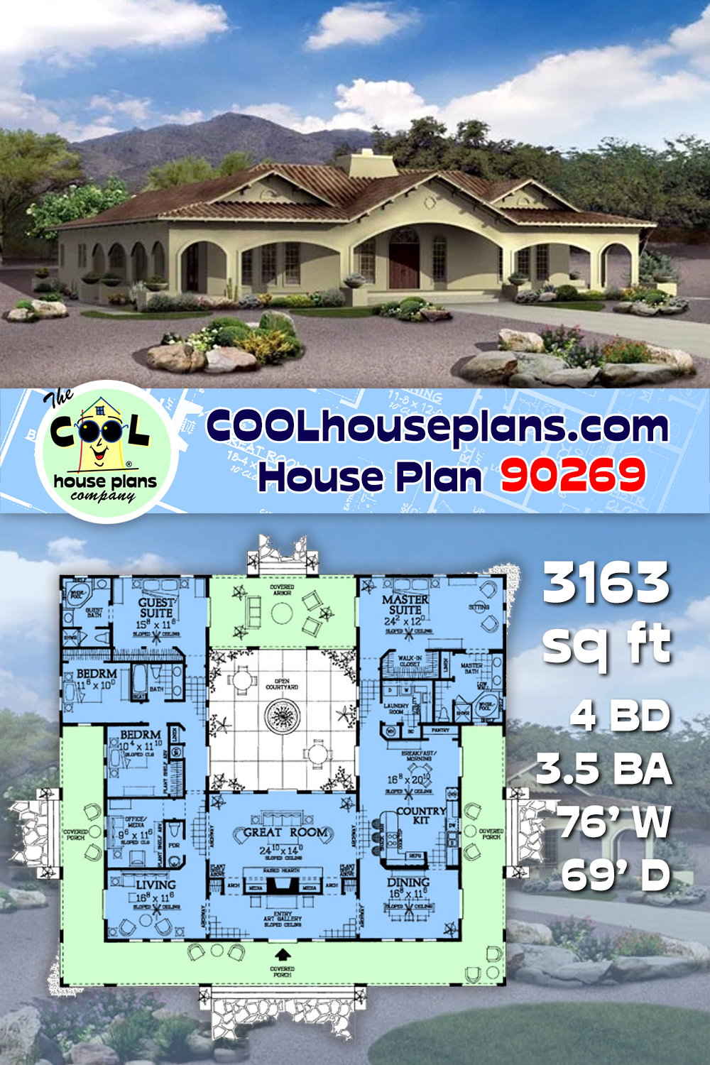 Mediterranean, Ranch, Southwest House Plan 90269 with 4 Beds, 4 Baths
