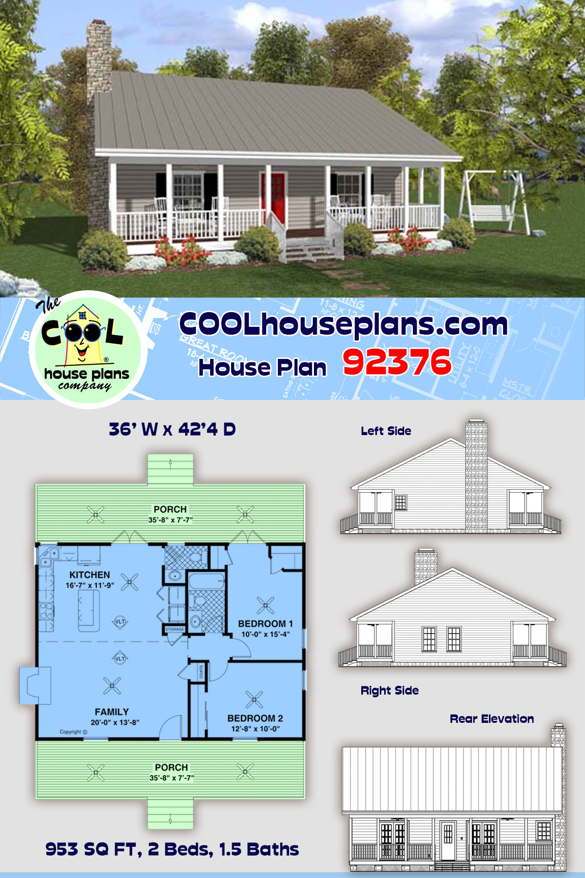 Cabin, Country, Ranch House Plan 92376 with 2 Beds, 2 Baths